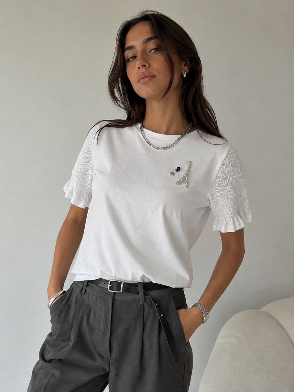 Karl Lagerfeld Paris White Eiffel Tower Tee Parisian Chic Smocked Sleeve Top
